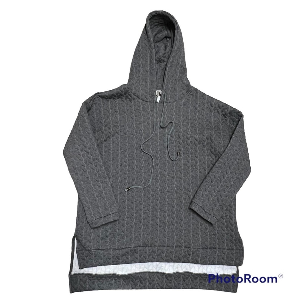 Suzanne Betro Gray Cable Knit Hi-Low Tunic Hooded Sweatshirt